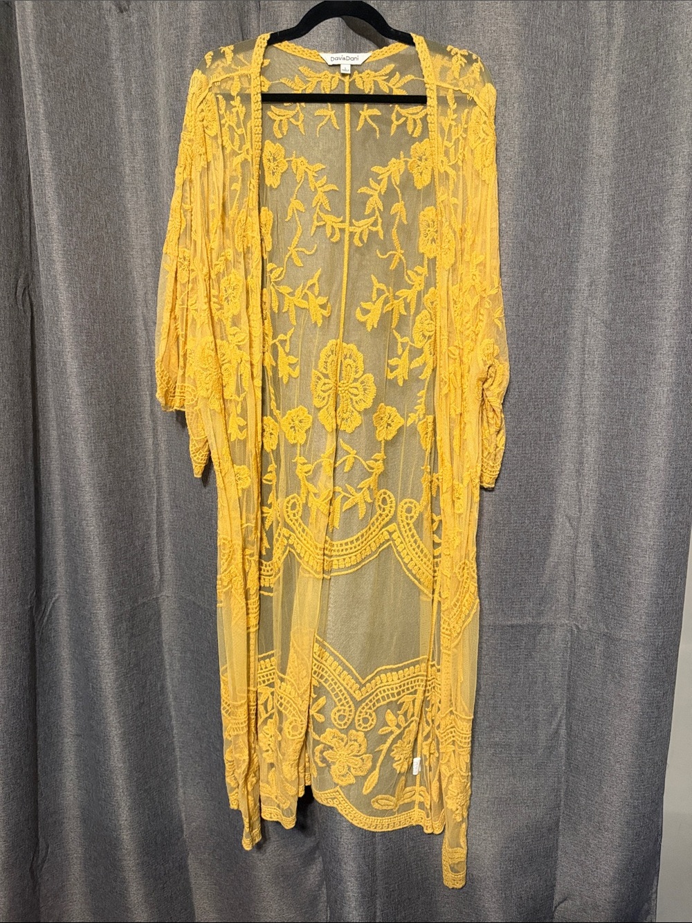 Crochet Floral Sheer Duster Kimono - Mustard Yellow by DANNIJO